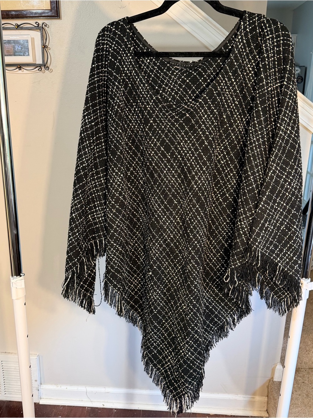 Plus One Size Apostrophe Black & White Fringe Plaid Poncho Sweater